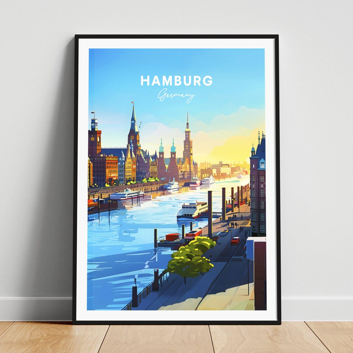 Hamburg Germany Harbor Ships Waterfront Daytime Vintage Travel Poster