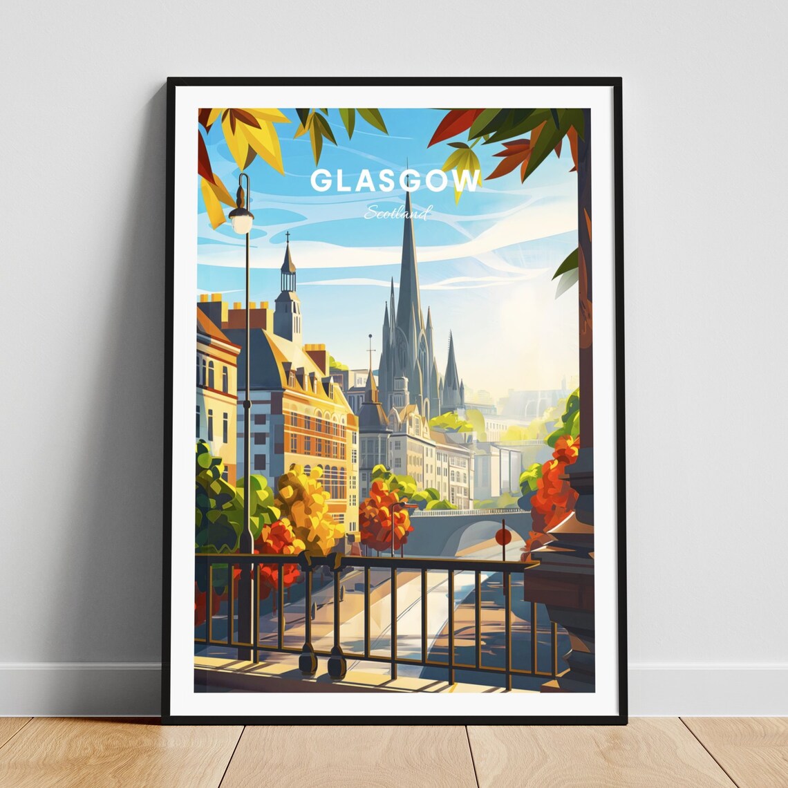 Glasgow Scotland Cathedral Spires Autumn Bridge View Travel Poster