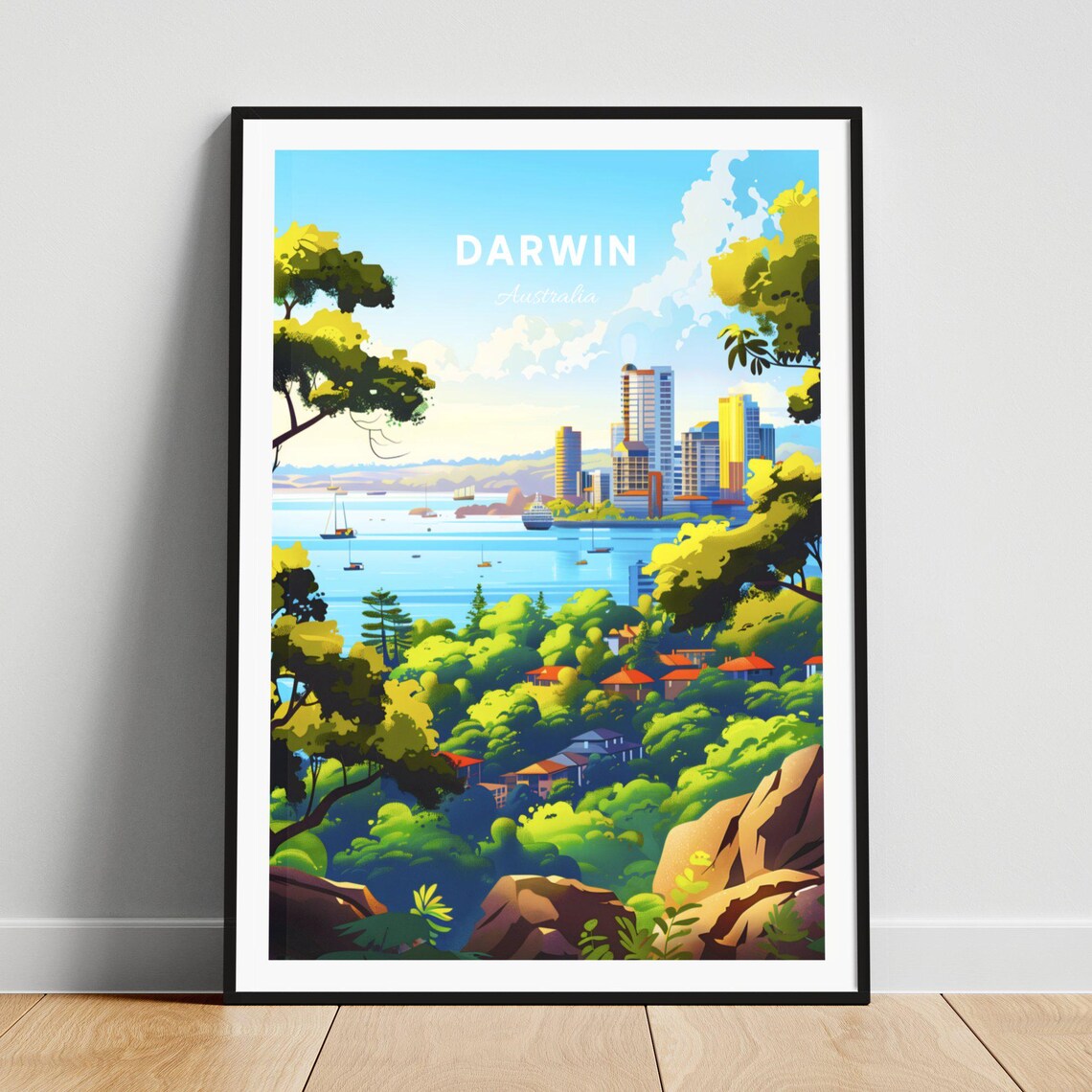 Darwin Australia Harbor Sailboats Lush Green Hills Travel Poster