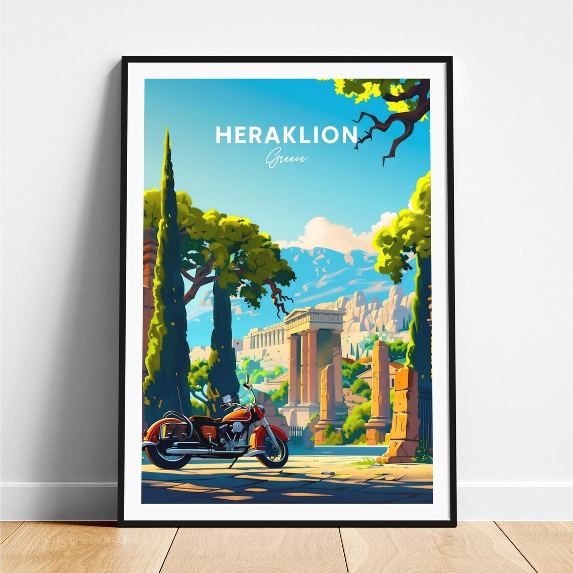 Heraklion Greece Red Motorcycle by Ancient Temple Ruins Poster
