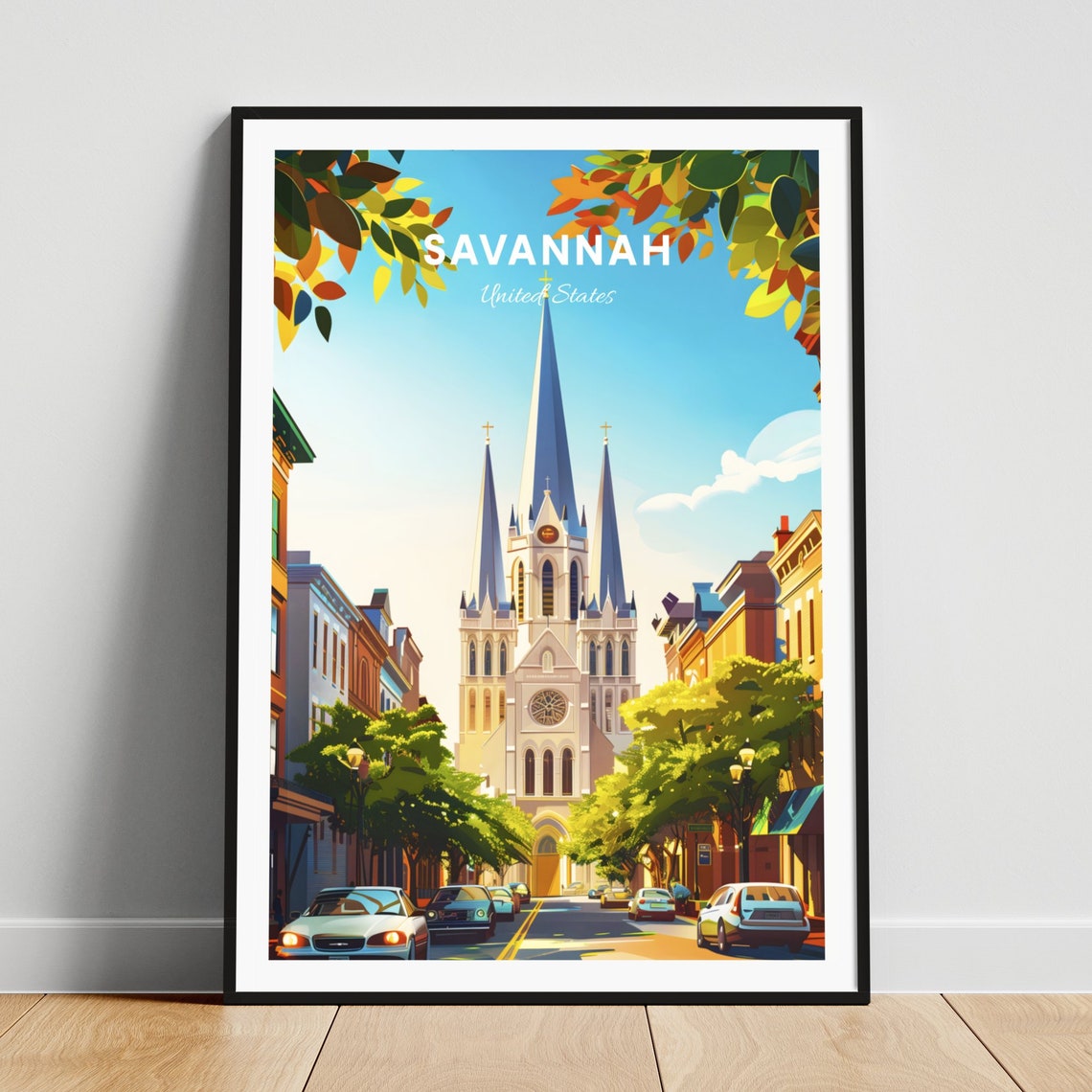 Savannah Georgia Historic Cathedral Street Tree Lined View Poster