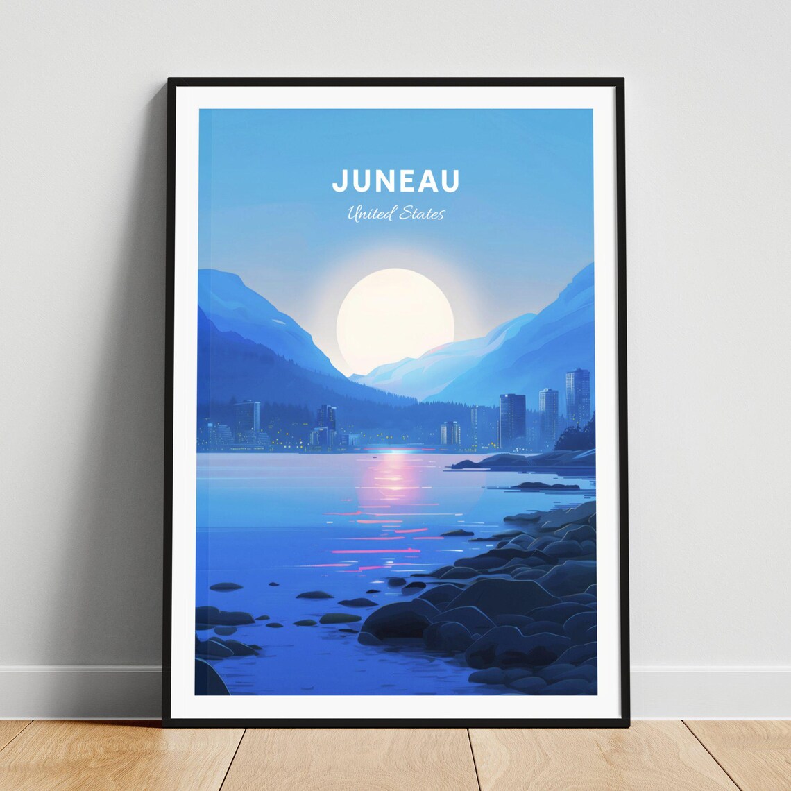 Juneau Alaska Moonrise Harbor Rocky Shore Night Scene Poster