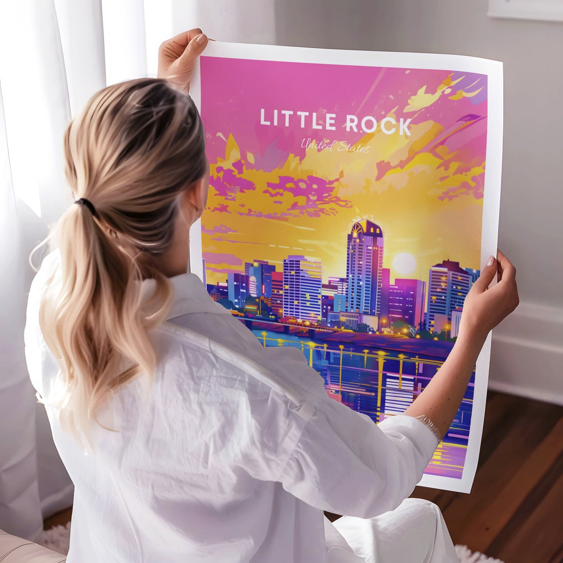 Little Rock Sunset River Reflections in Pink and Gold Poster - Image 3