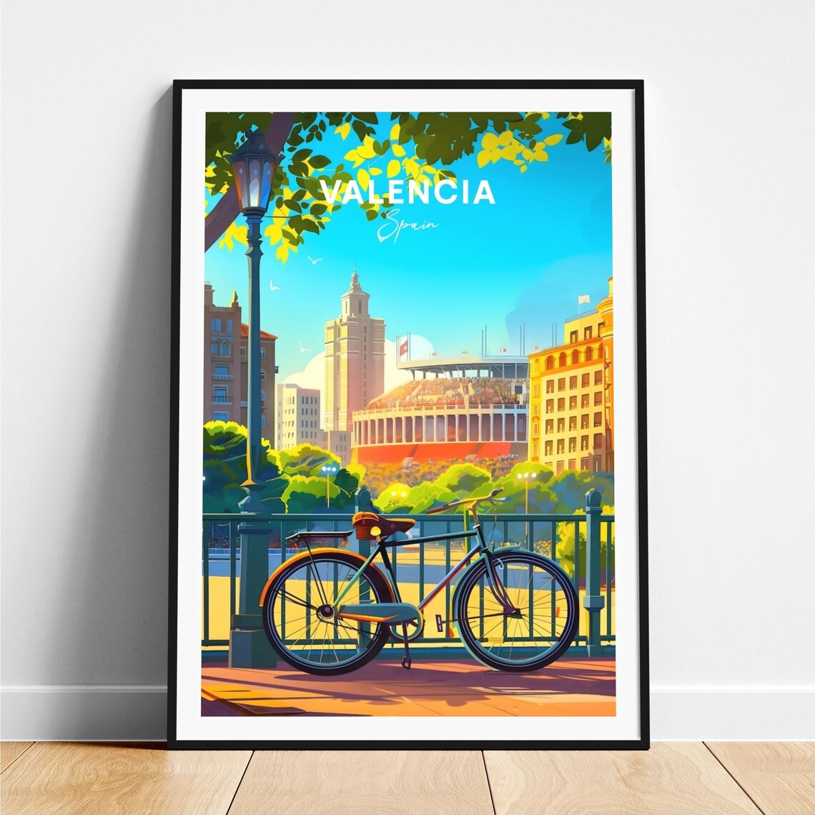 Valencia Park Vintage Bicycle Historic Arena City View Travel Poster