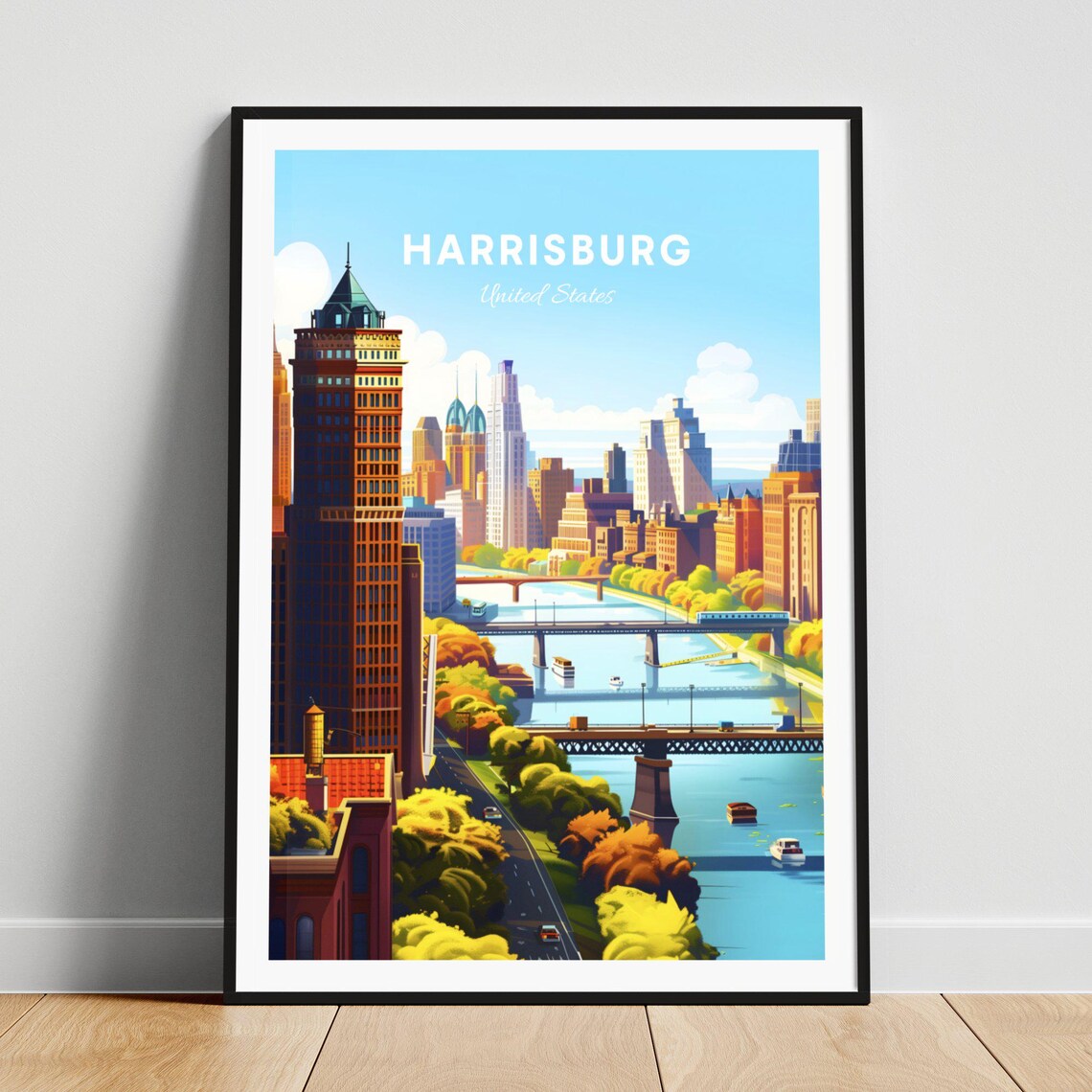 Harrisburg Pennsylvania Tower Dome River Bridges Autumn Travel Poster