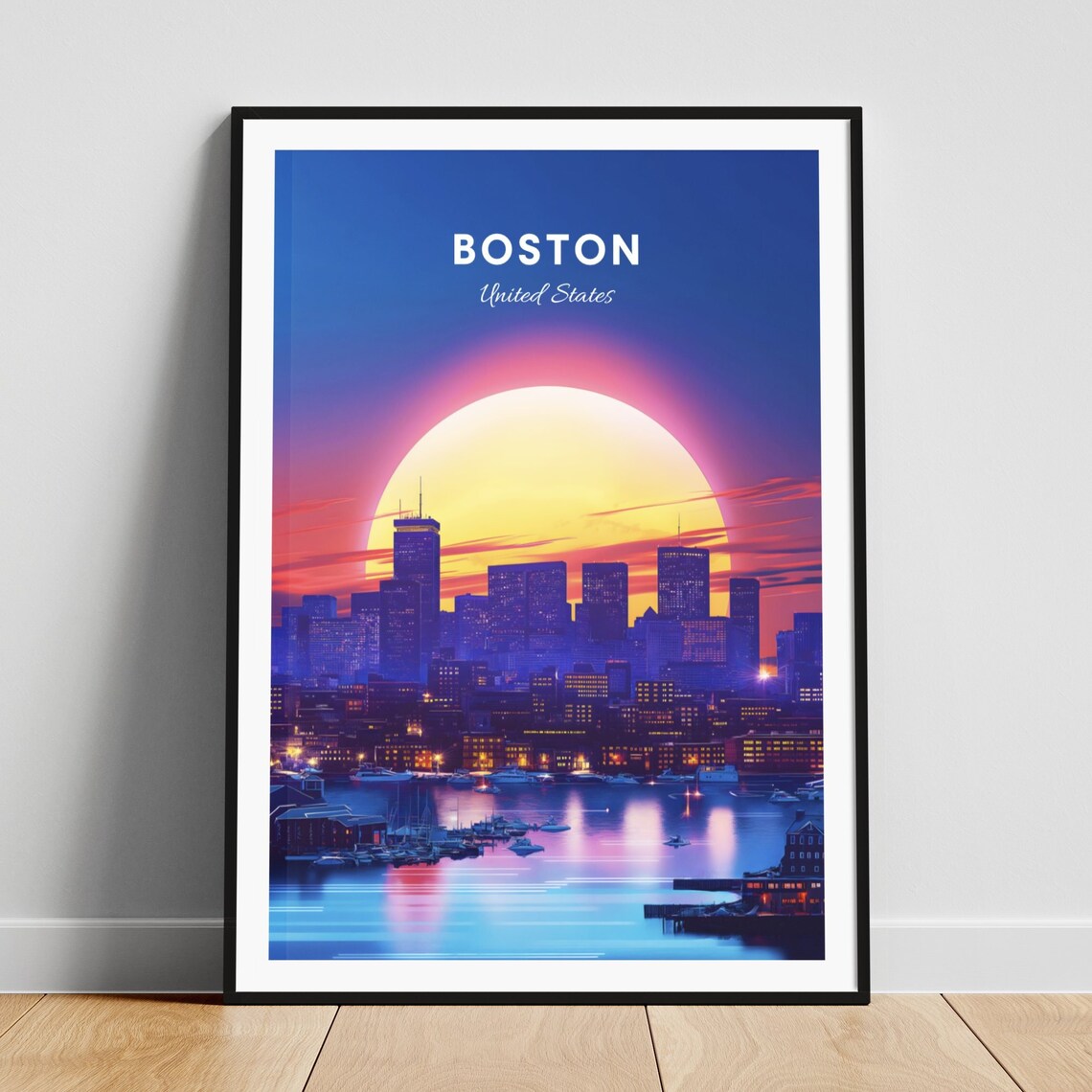 Boston Massachusetts Harbor Sunset Skyline Sailboats Travel Poster