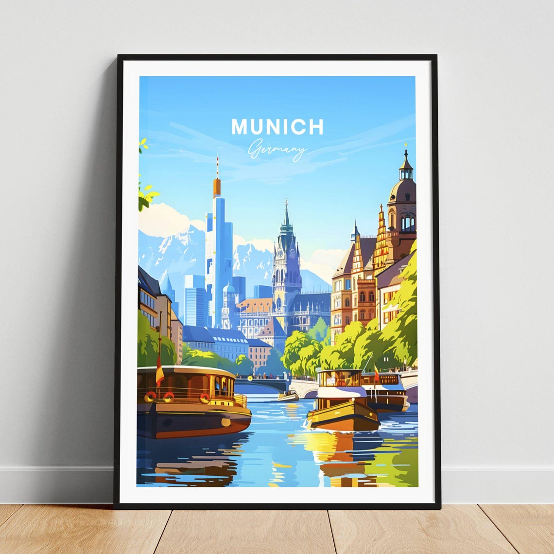 Munich Germany Bright Summer River Boats Historic Skyline Poster