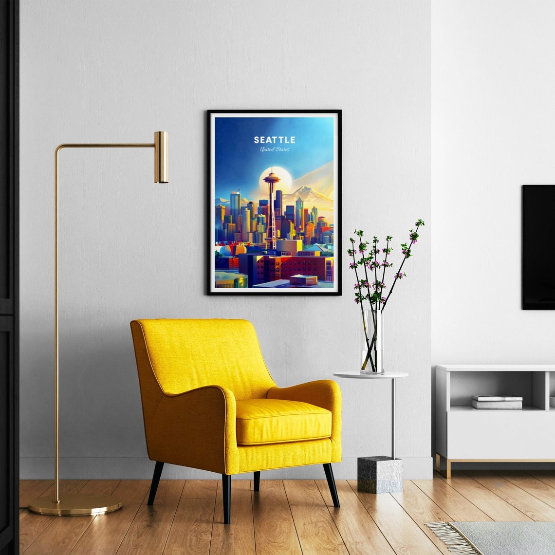 Seattle Space Needle Skyline Mount Rainier Sun Vintage Travel Poster - Image 3