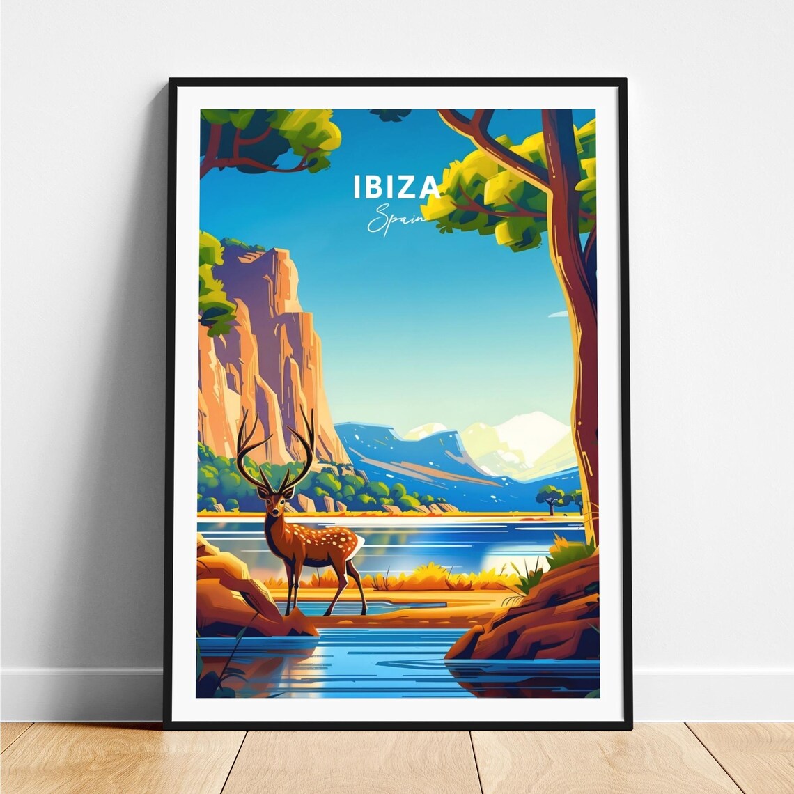 Ibiza Spain Majestic Stag By Mountain Lake Red Cliffs Poster