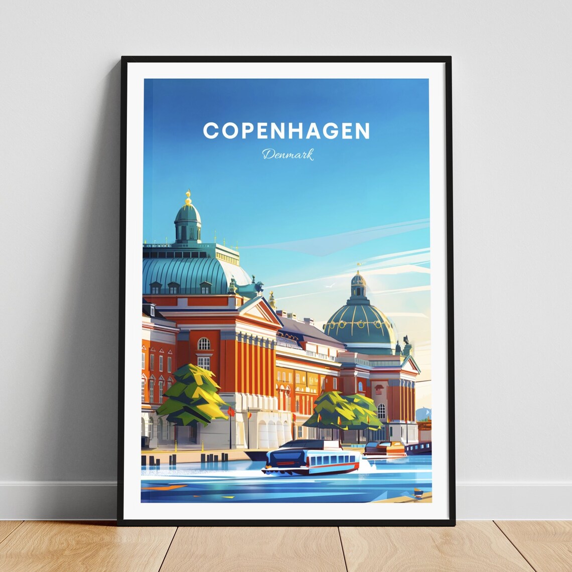 Copenhagen Denmark Domed Building Canal Boats Waterfront Travel Poster