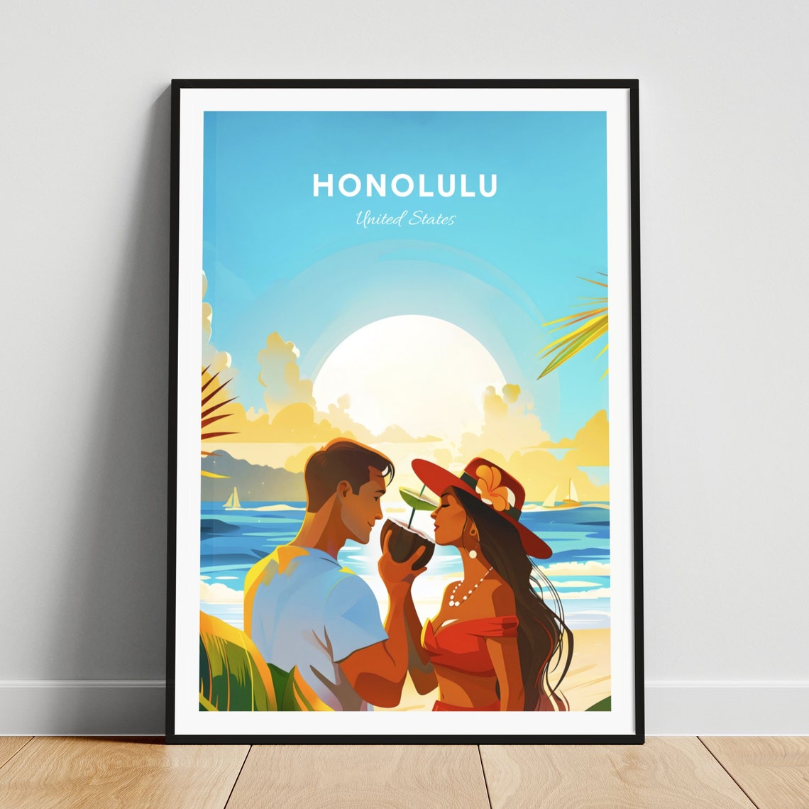 Honolulu Beach Couple Sharing a Coconut on a Sunny Day Poster