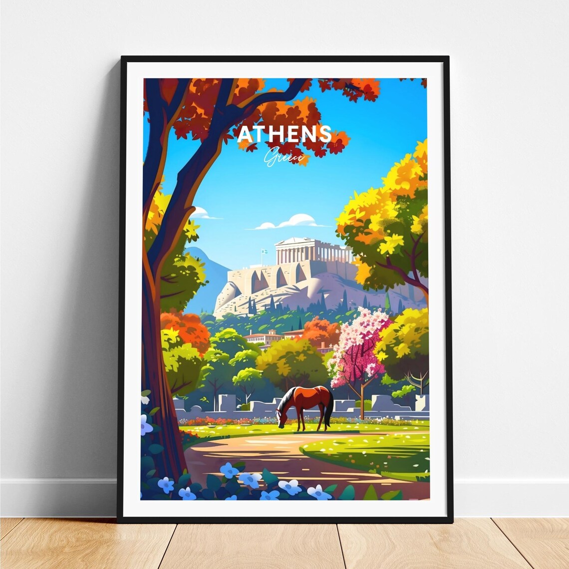 Athens Greece Acropolis Park Horse Illustrated Travel Poster