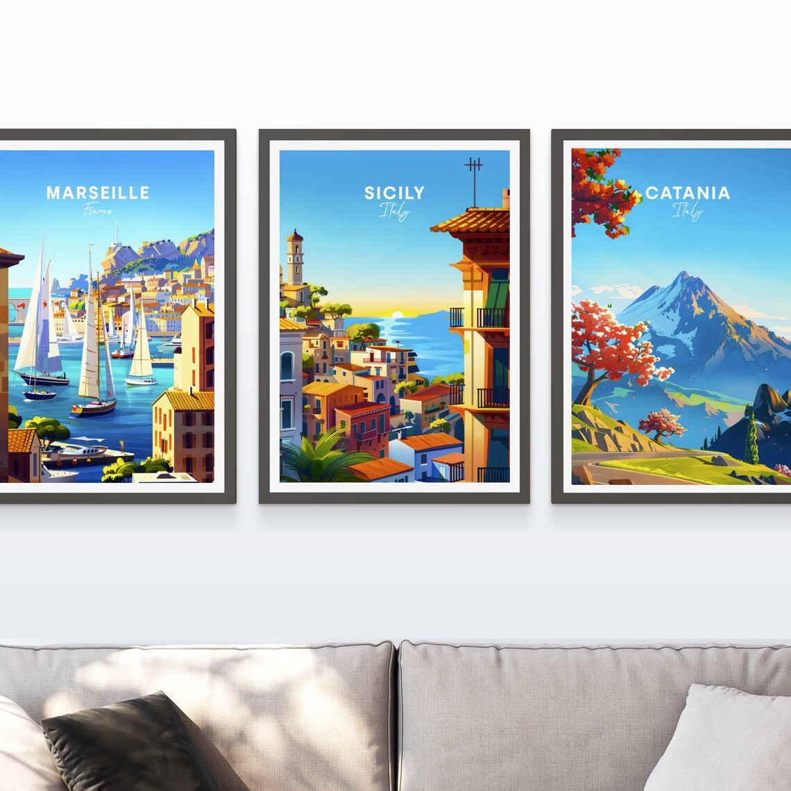 Sicily Italy Colorful Coastal Town Sunrise Bell Tower Travel Poster - Image 3