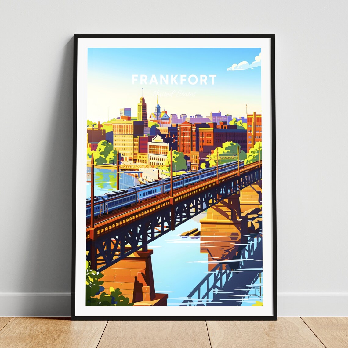 Frankfort Kentucky Train Bridge Over River Skyline Travel Poster