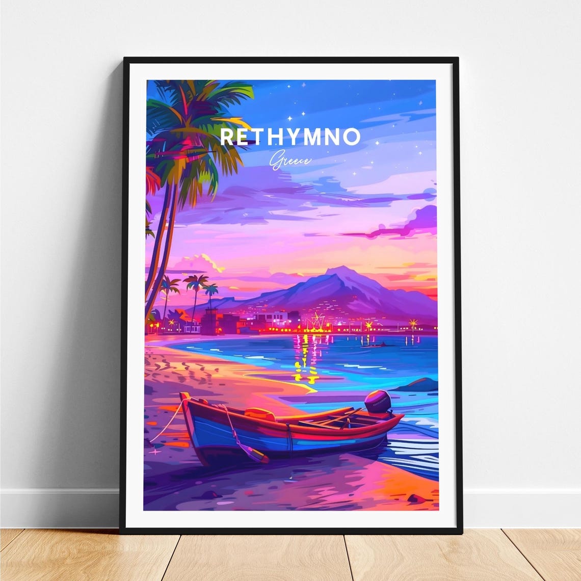 Rethymno Greece Sunset Beach Boat Palms Coast Evening Poster