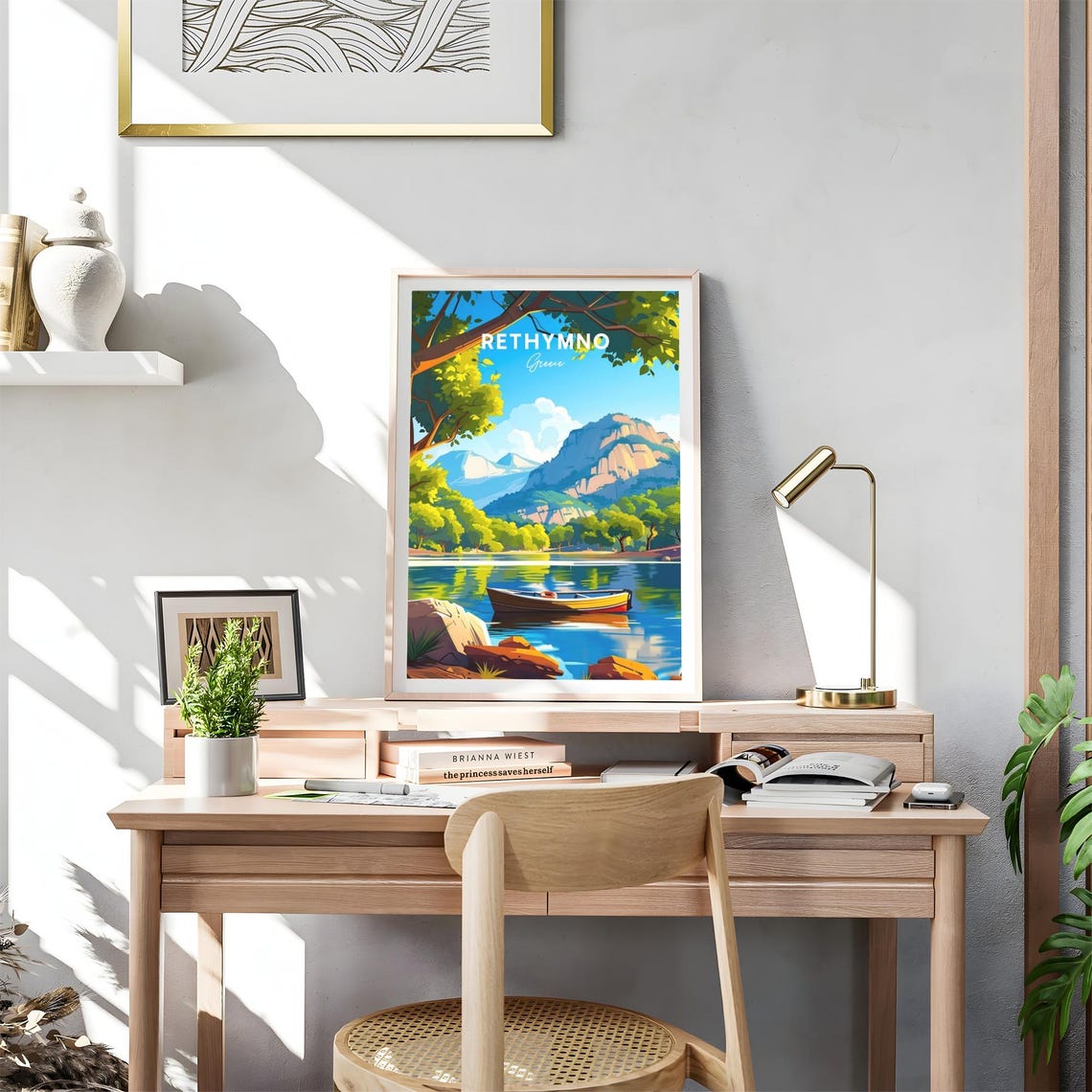 Rethymno Greece Rowboat Mountain Lake Calm Water Travel Poster - Image 4