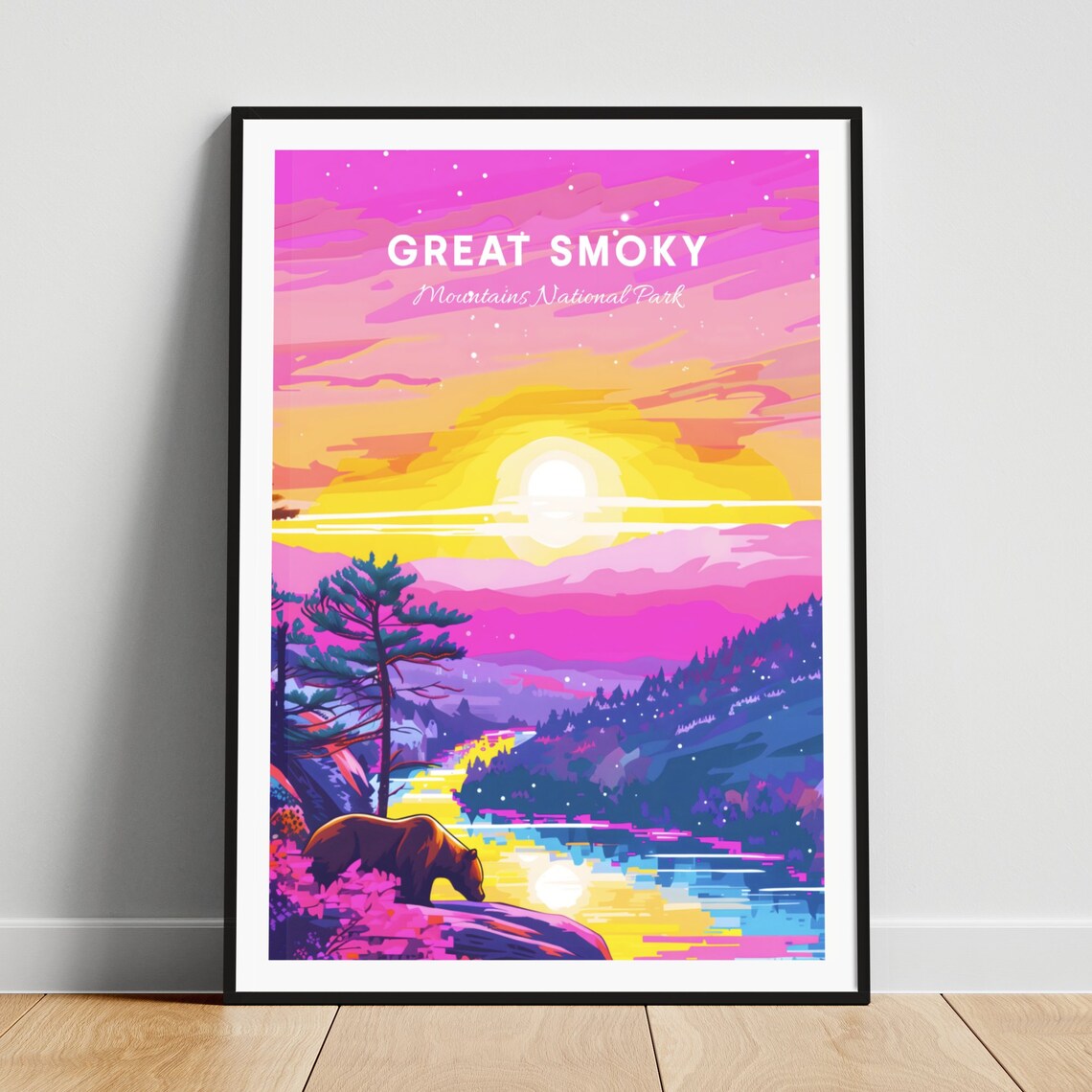 Great Smoky Mountains Bear by Mountain Sunset Lake Travel Poster