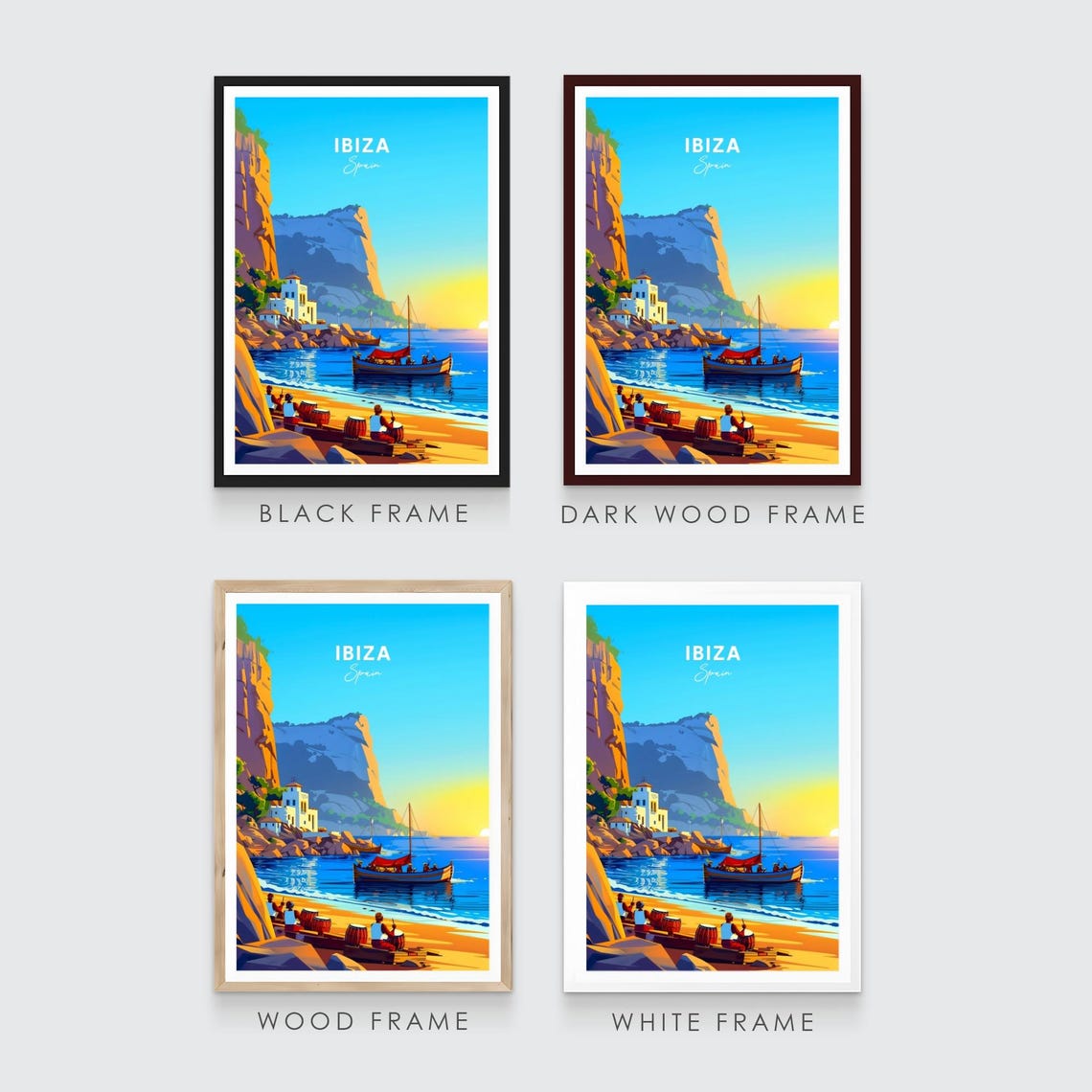 Ibiza Sunset Beach Cove Cliffs Boats Drummers Golden Travel Poster - Image 3