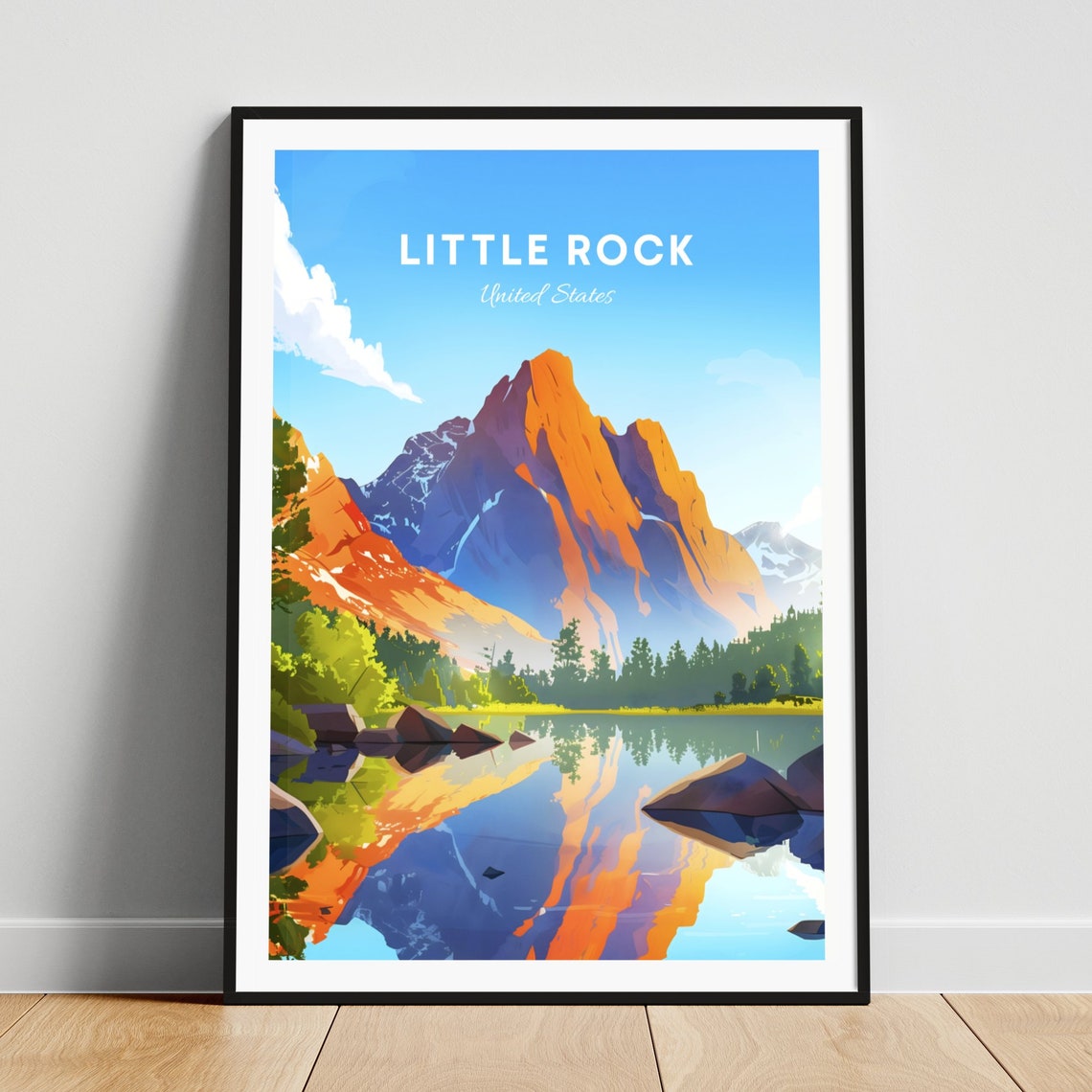 Little Rock Orange Mountain Peak Reflected in a Calm Lake Poster