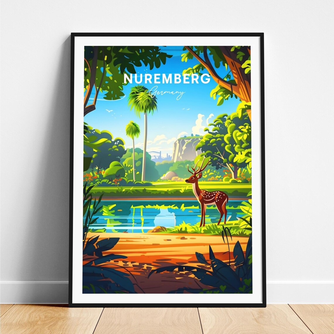 Nuremberg Germany Deer Lake Palm Trees Bright Nature Travel Poster