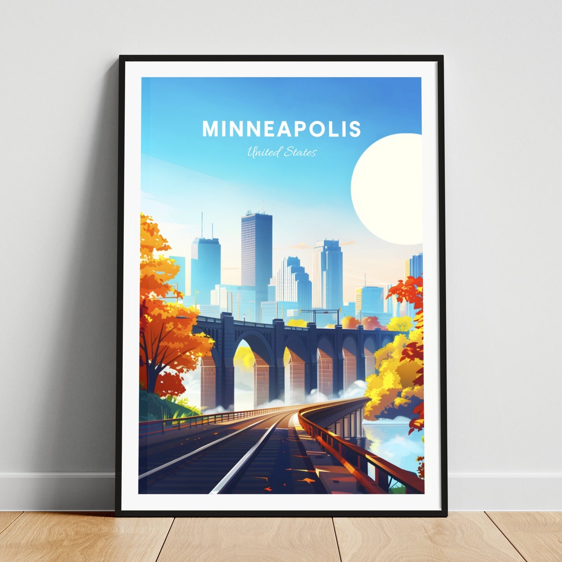Minneapolis Minnesota Autumn Rail Bridge River Scene Travel Poster