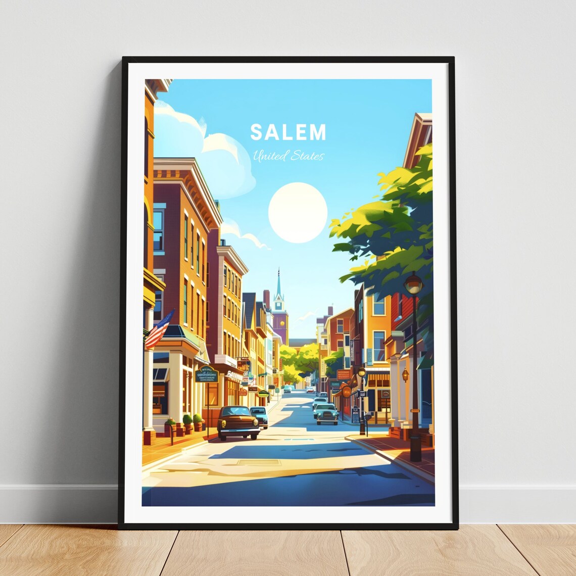 Salem Historic Small Town Street Church Steeple Sunny Travel Poster