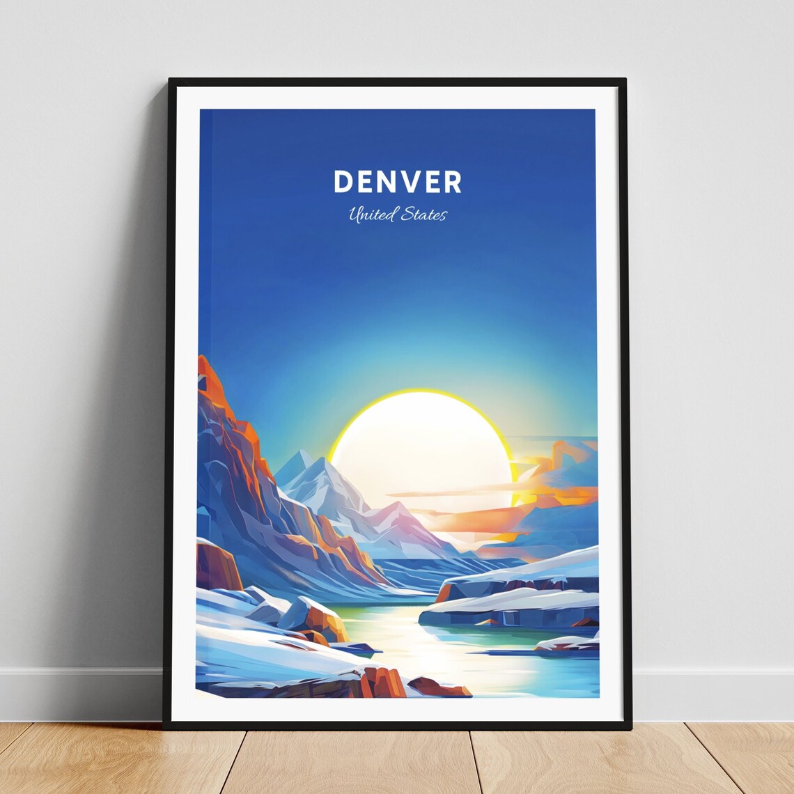 Denver Colorado Snowy Mountain Lake Sunrise Winter Travel Poster Art