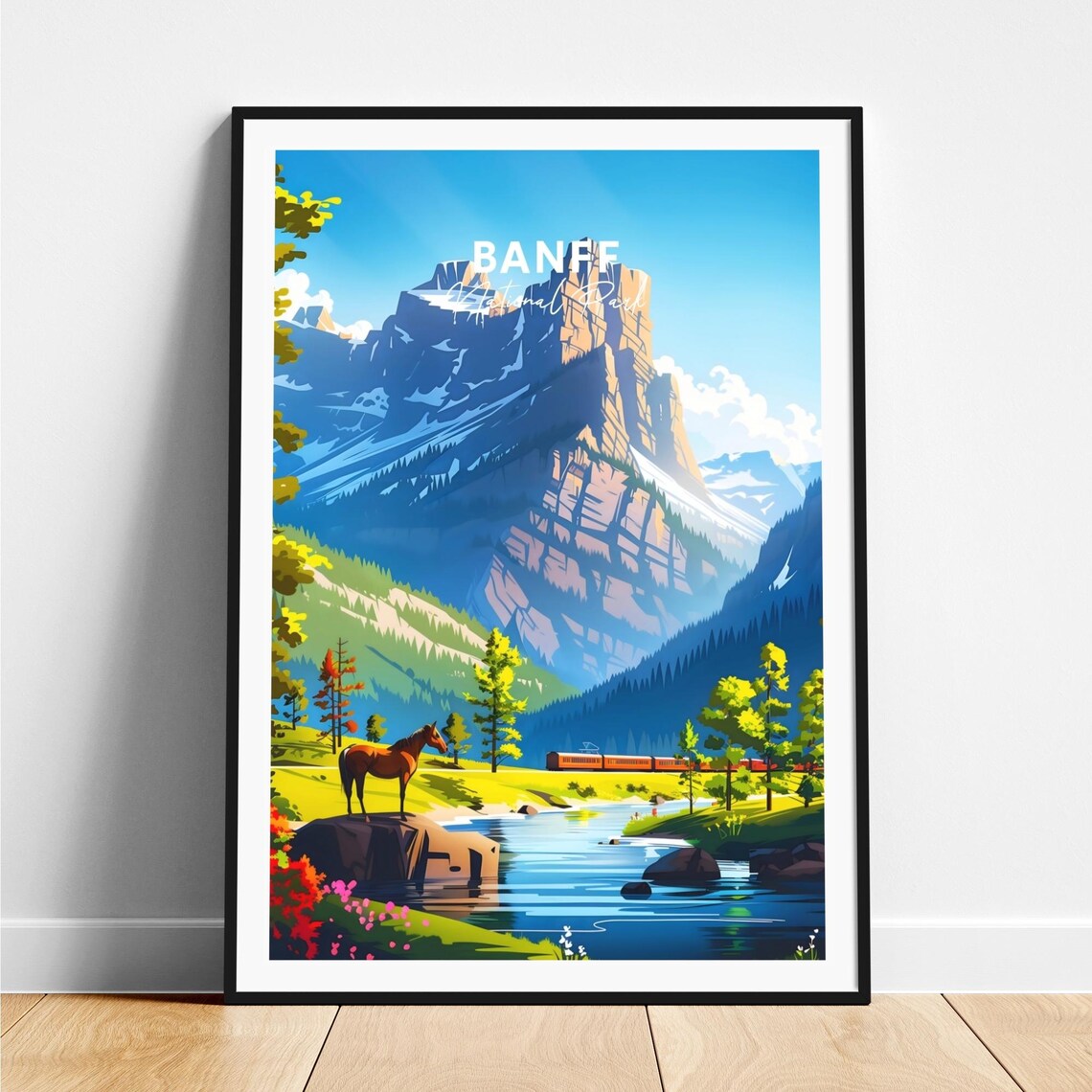Banff National Park Mountain River Horse and Red Train Travel Poster