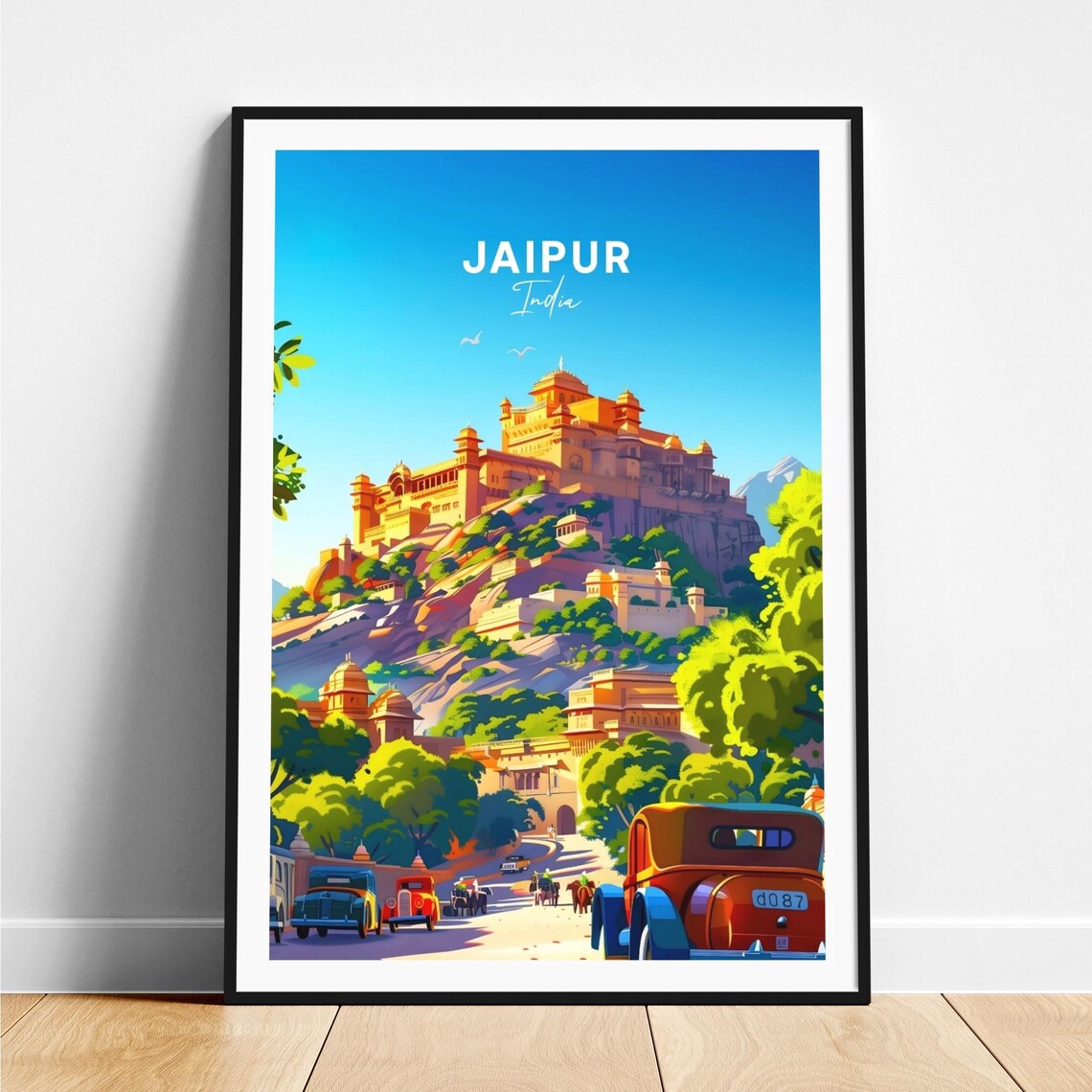 Jaipur Amber Palace Hill Vintage Cars Elephants Travel Poster