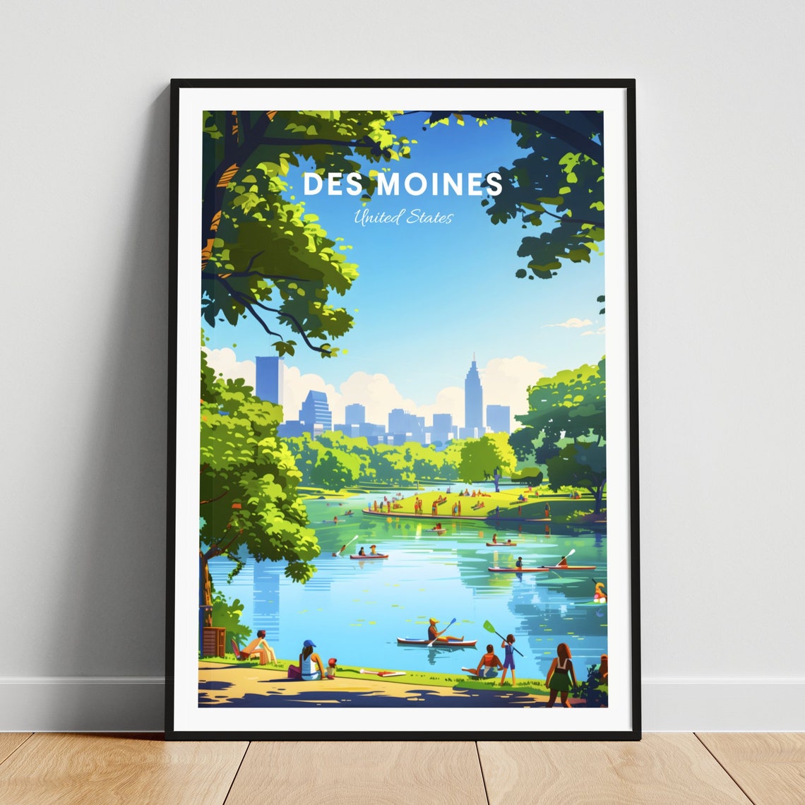 Des Moines Iowa Lake Park Kayaks Skyline Summer Day Art Poster