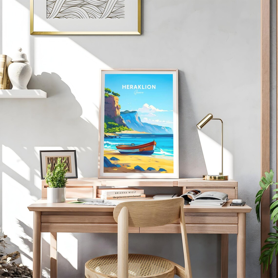 Heraklion Greece Fishing Boat Beach Cliffs Travel Art Poster - Image 4