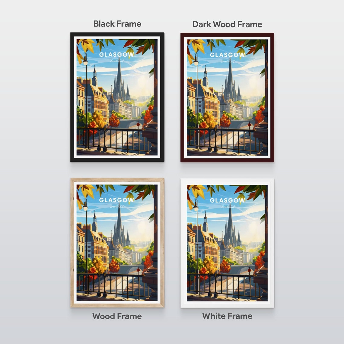 Glasgow Scotland Cathedral Spires Autumn Bridge View Travel Poster - Image 2