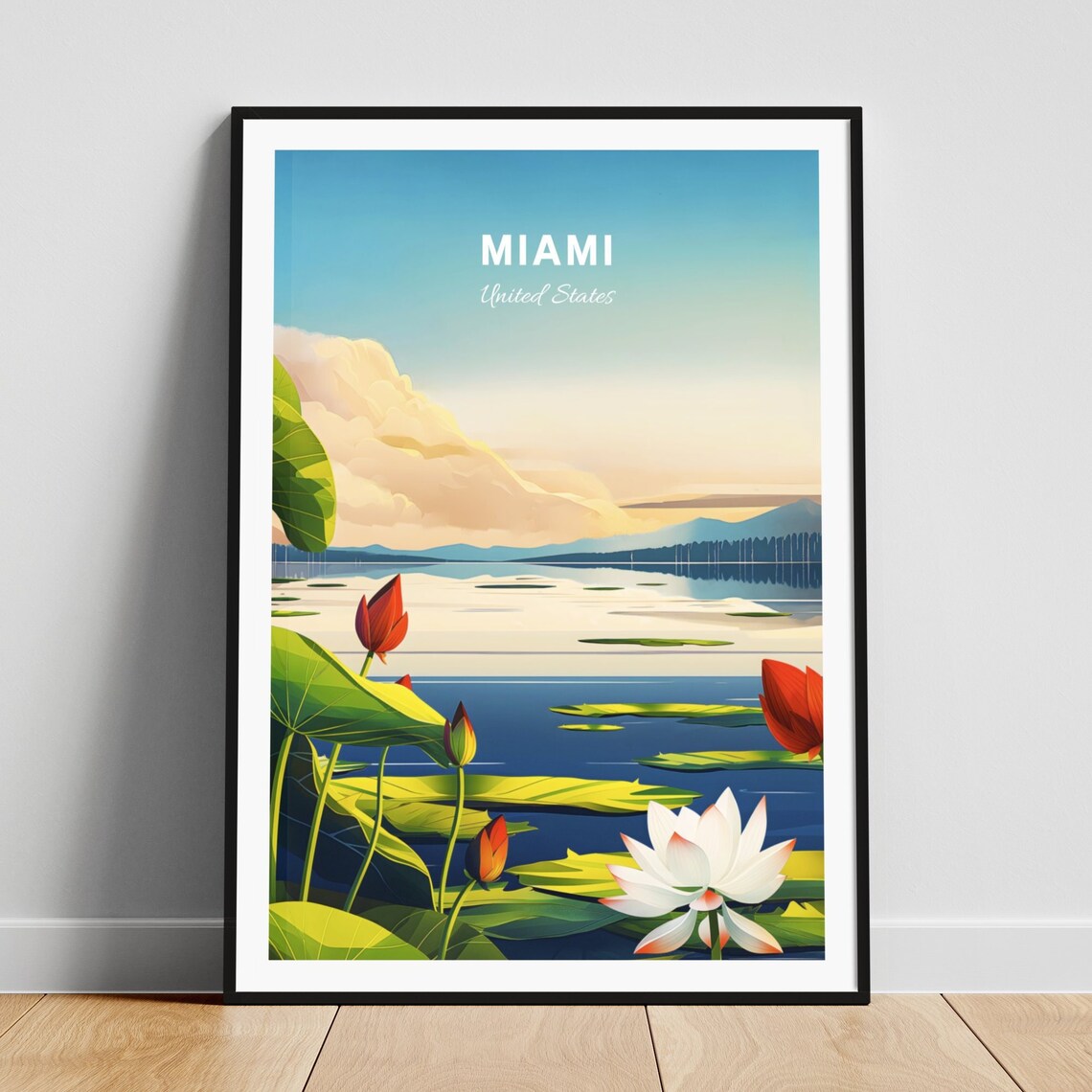 Miami Florida Lotus Lake Sunset Water Lilies Serene Travel Poster