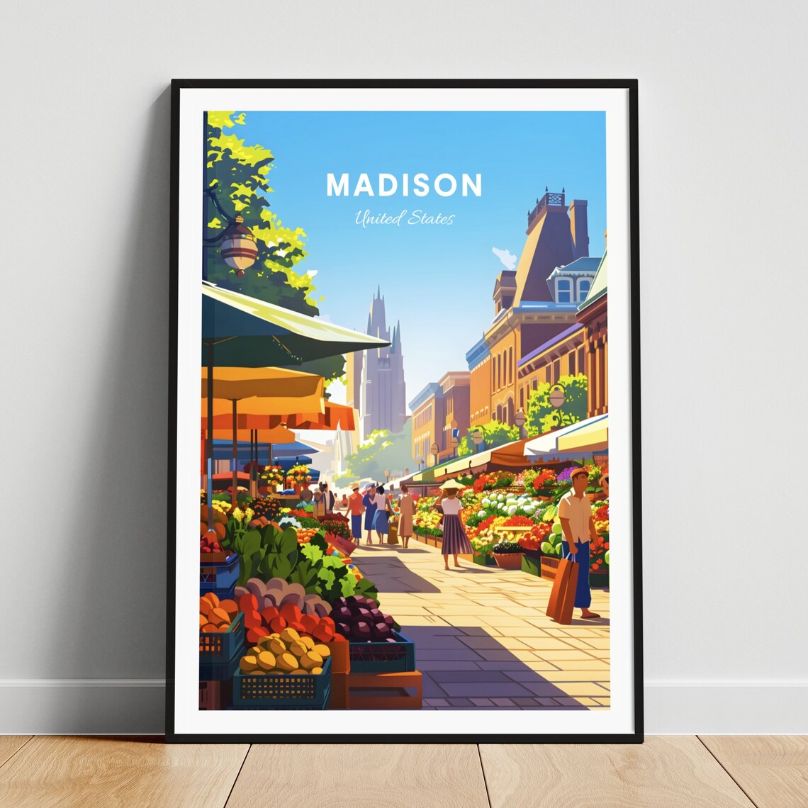 Madison United States Farmers Market Street Scene Travel Poster