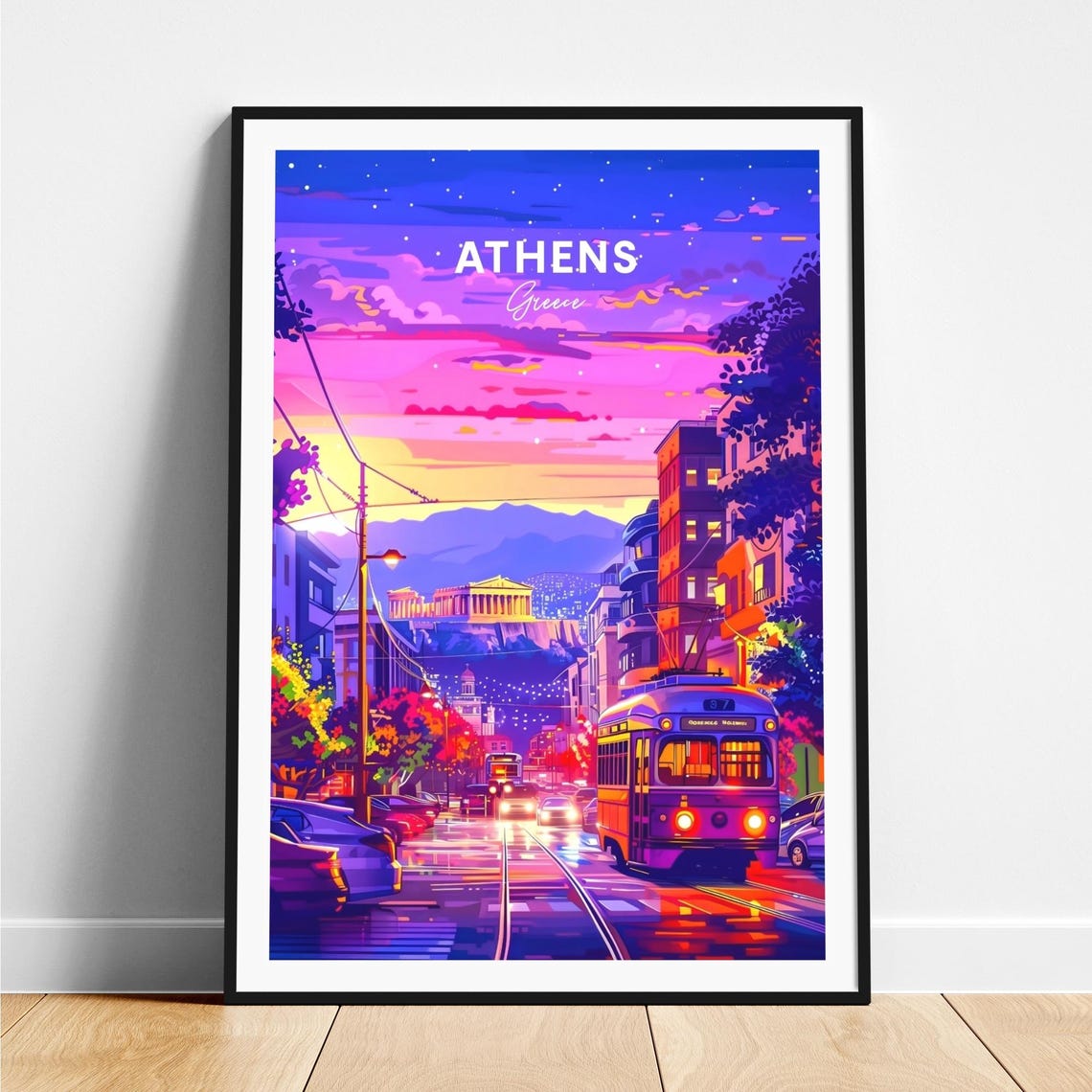 Athens Greece Night Tram Acropolis Neon Sunset View Art Poster