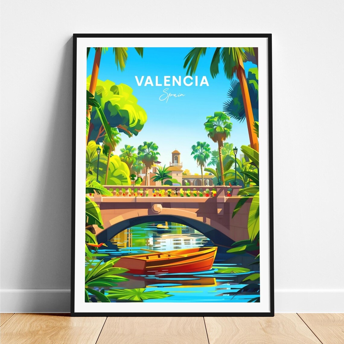 Valencia Spain Canal Boat Under Stone Bridge Palm Trees Poster
