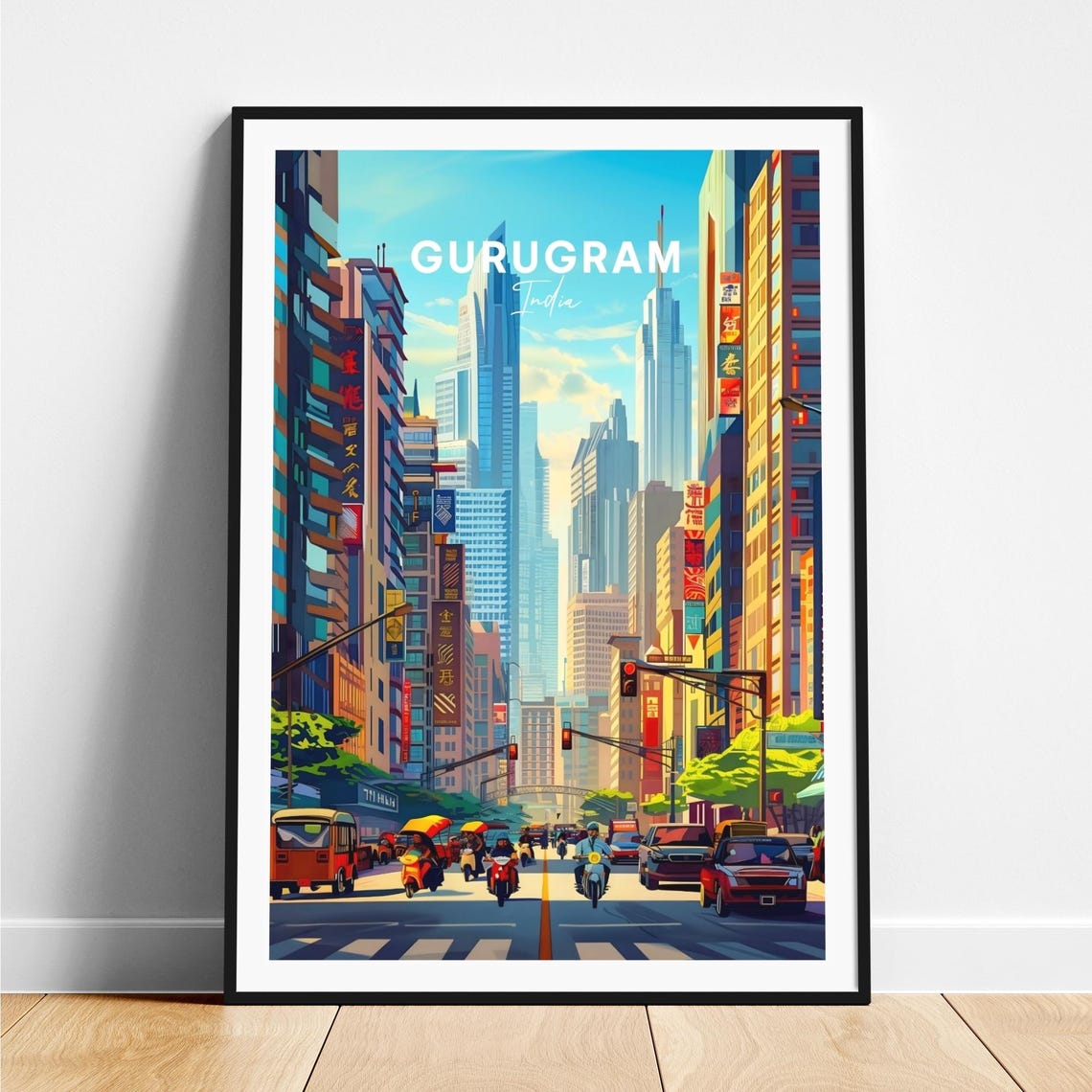 Gurugram India Towering Skyline Scooter Avenue Travel Poster