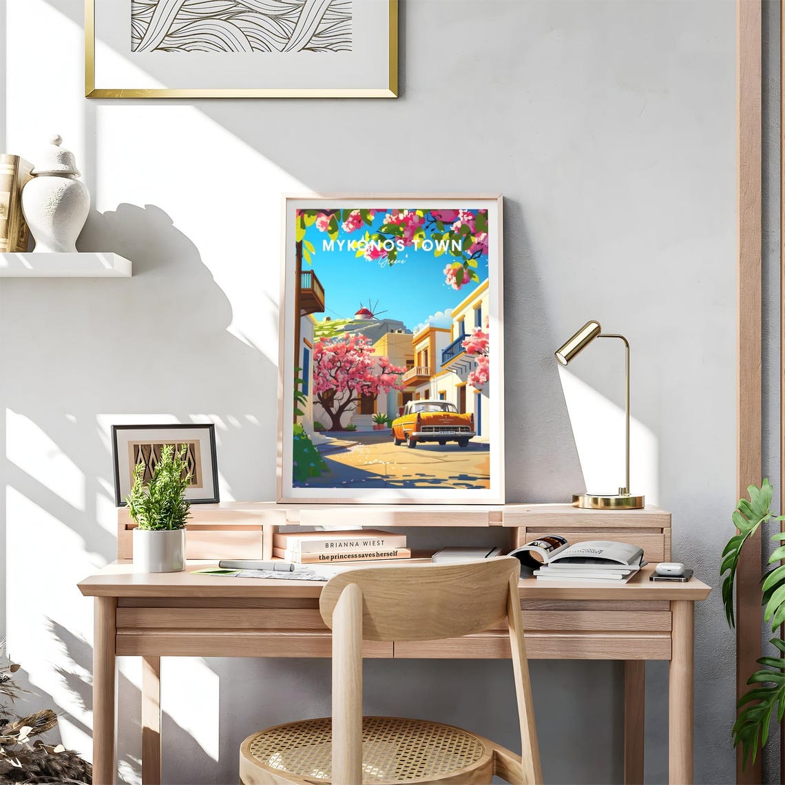 Mykonos Town Greece Classic Car Windmill Spring Travel Art Poster - Image 4