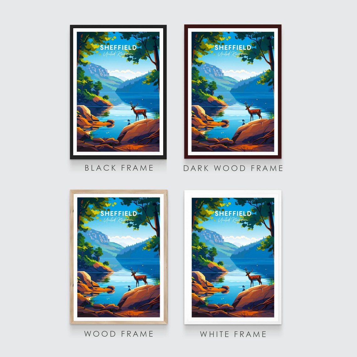Sheffield Sunny Lakeside Deer Green Hills England Travel Poster - Image 3