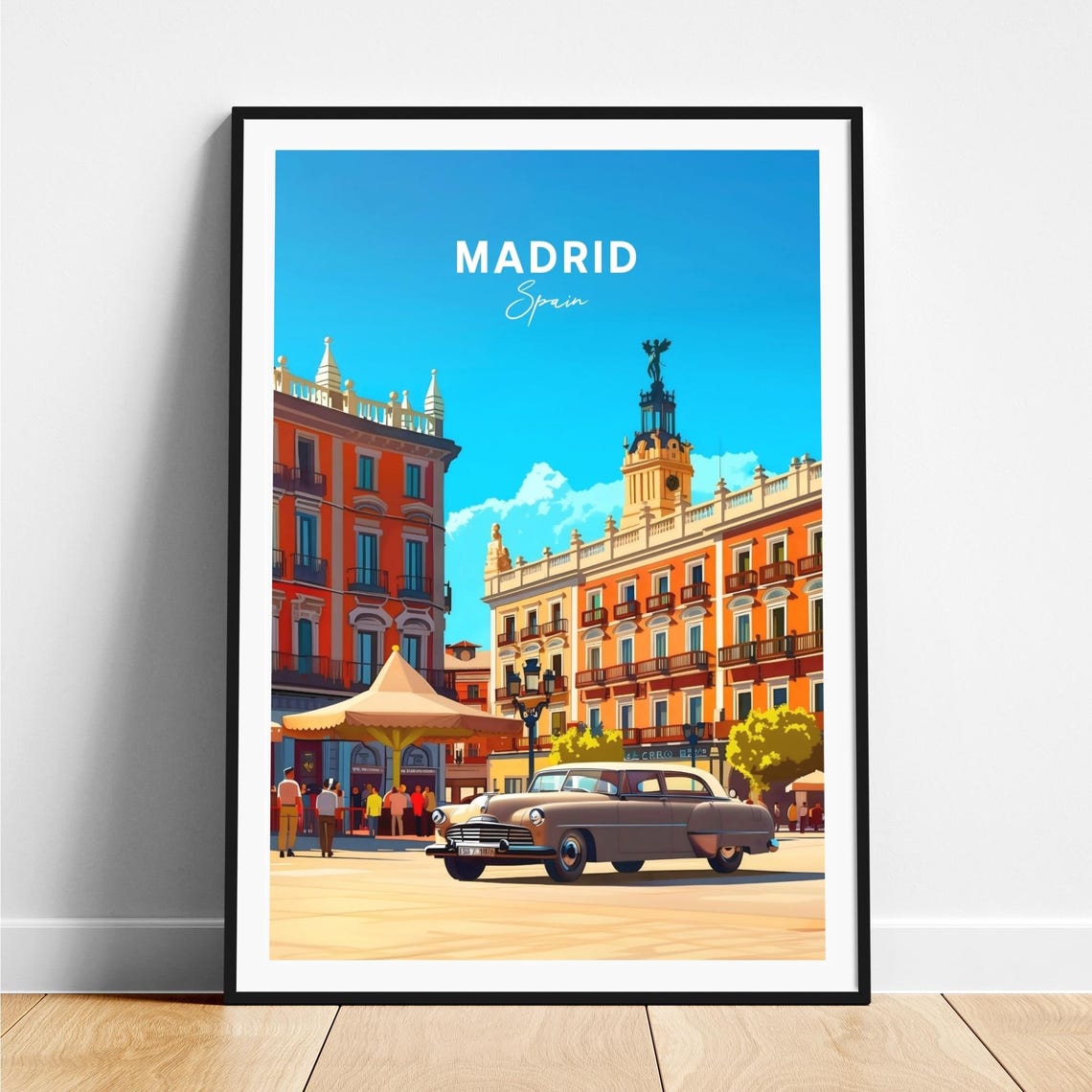 Madrid Spain Sunny Historic Square Clock Tower Classic Car Poster