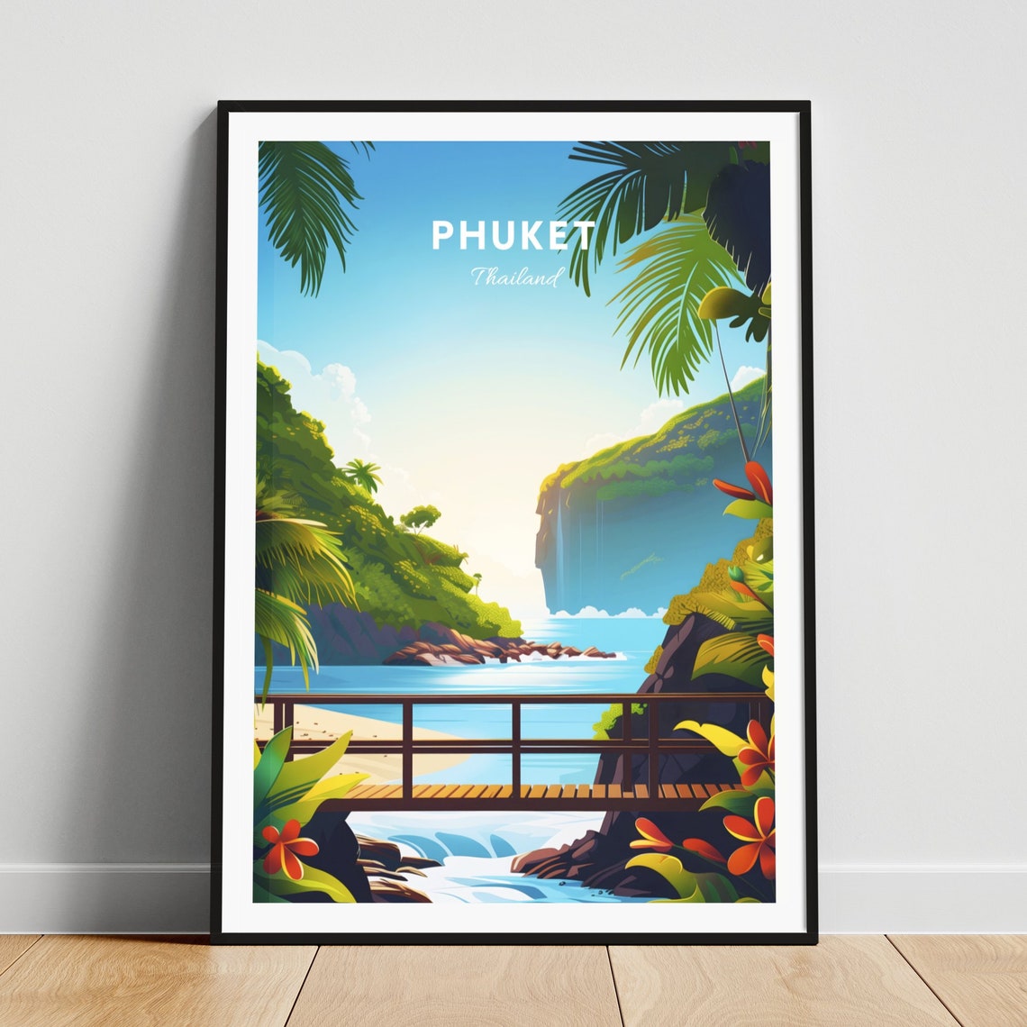 Phuket Thailand Sunny Tropical Cove Wooden Footbridge Palms Poster