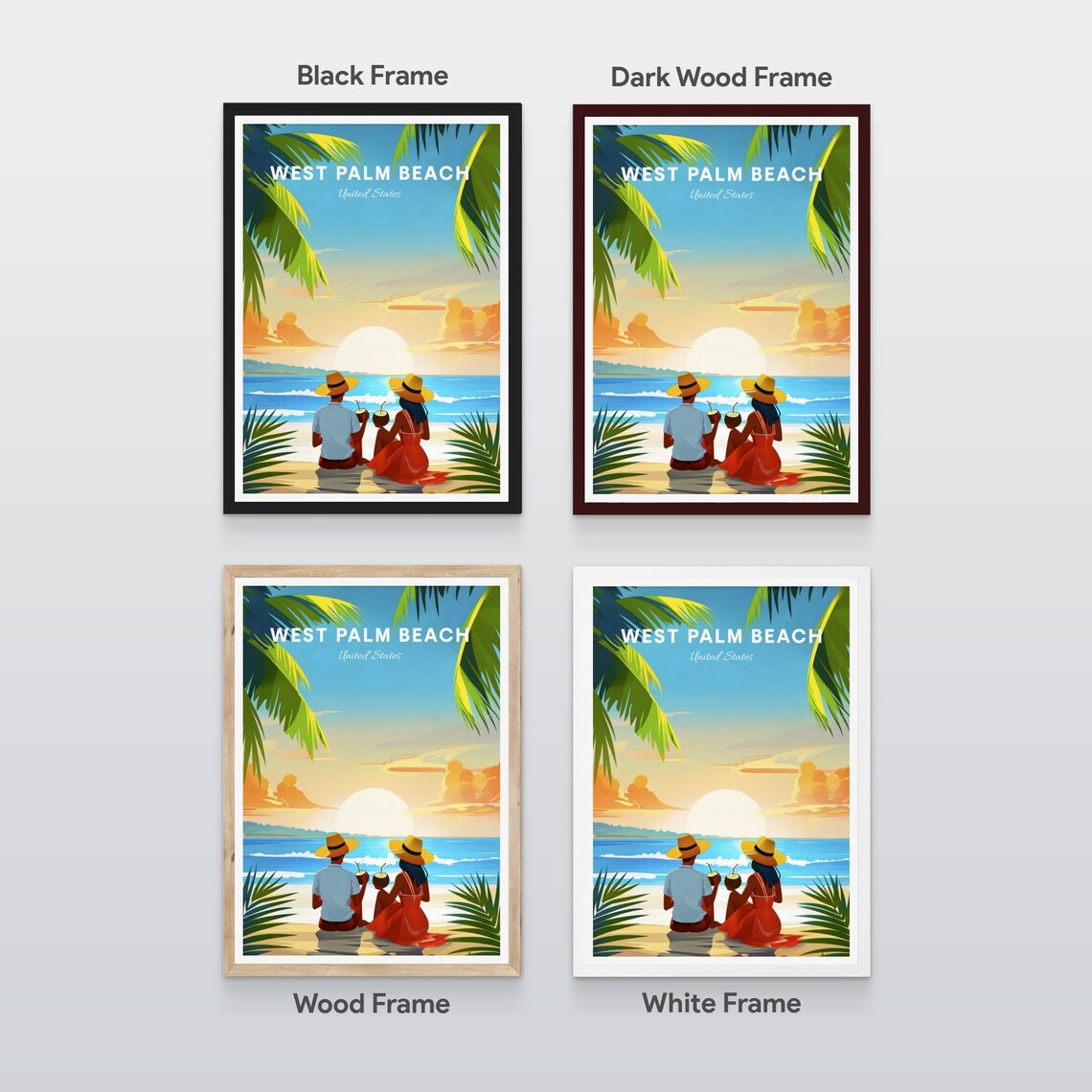 West Palm Beach Florida Couple Beach Sunset Coconut Travel Poster - Image 2