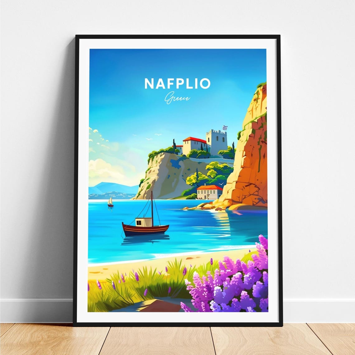 Nafplio Greece Cliffside Castle Harbor Sailboat Travel Poster