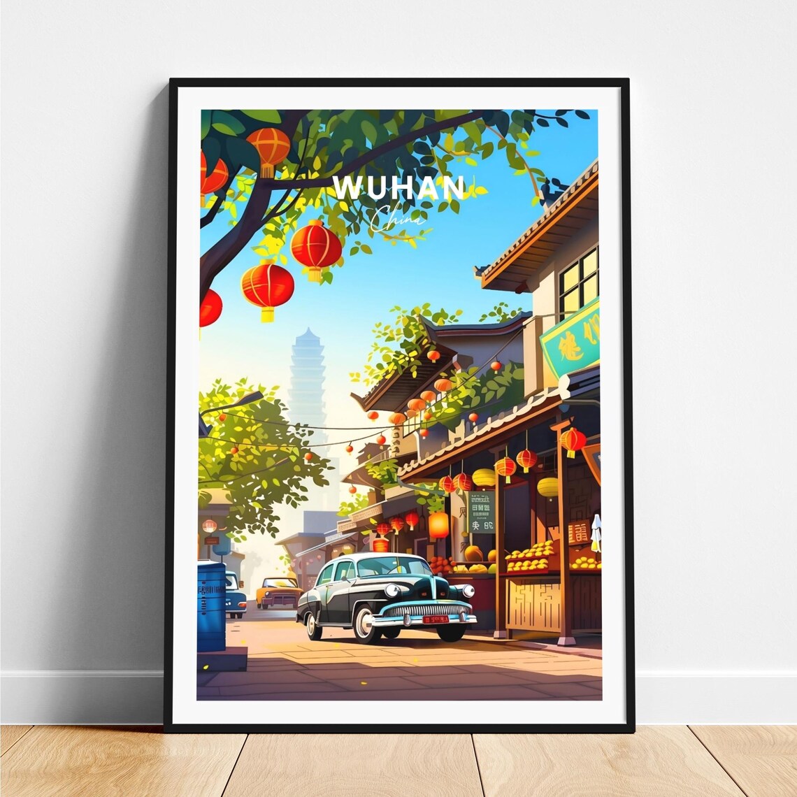 Wuhan China Old Street Lanterns Vintage Cars Pagoda Day Poster