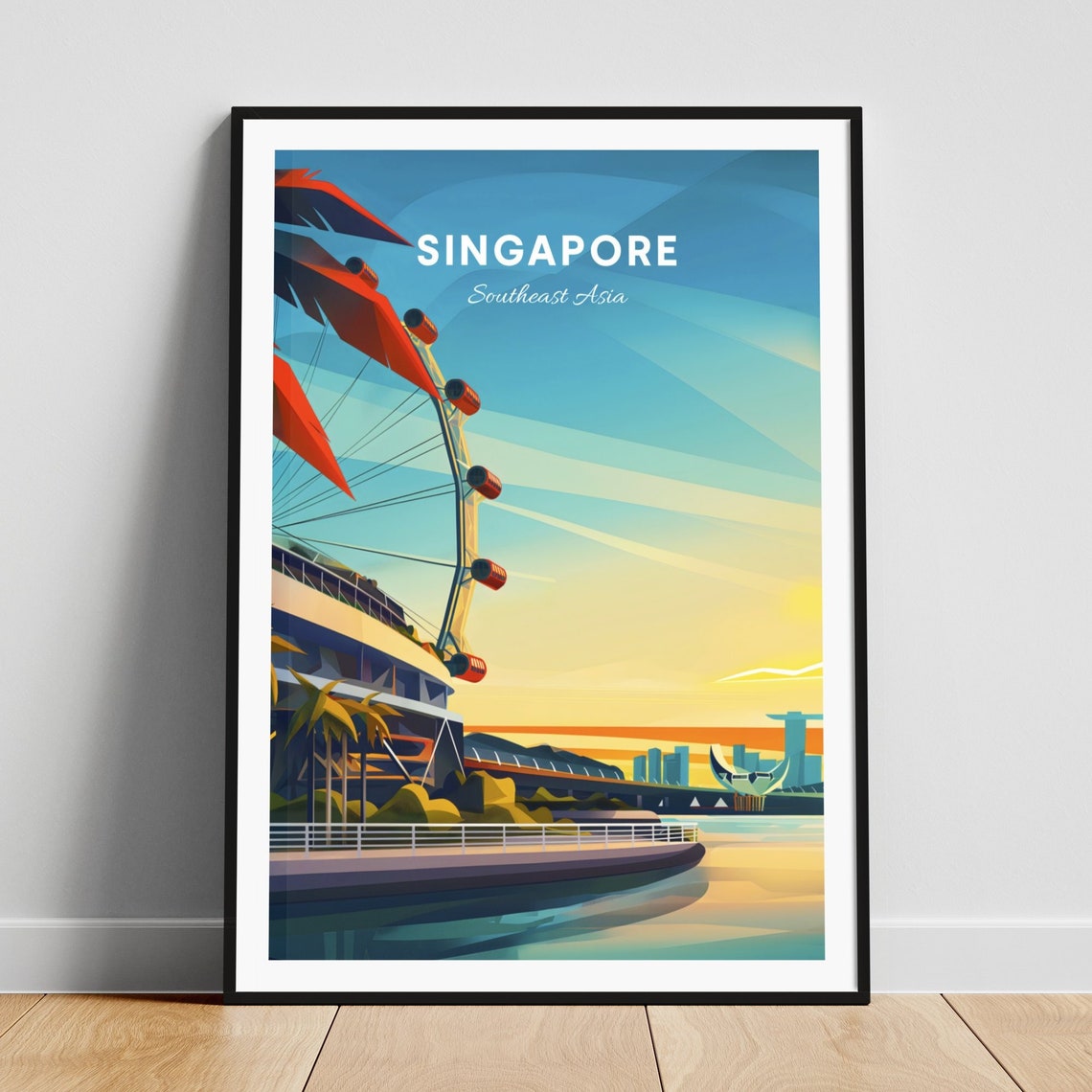 Singapore Flyer Ferris Wheel Marina Bay Sunset Skyline Poster