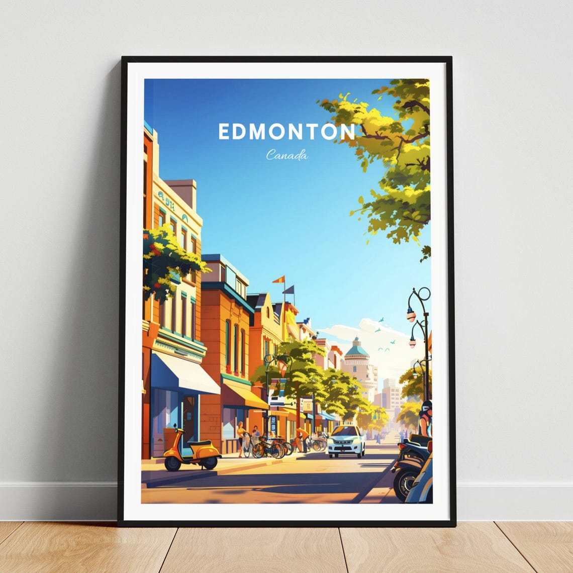 Edmonton Canada Sunny Old Town Street Shops and Scooters Travel Poster