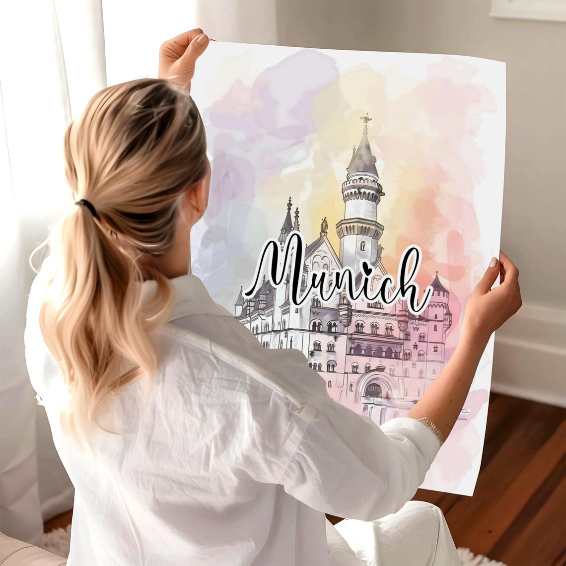 Munich Germany Watercolor Fairy Tale Castle Script Art Travel Poster - Image 2