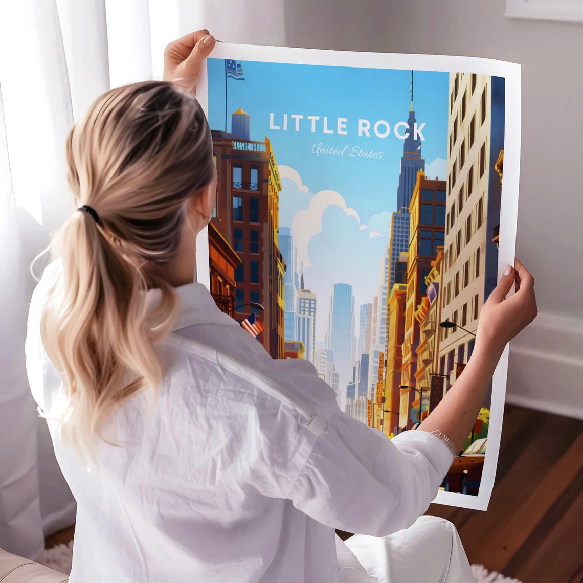 Little Rock Arkansas Downtown Street Taxi Scene Travel Poster - Image 3