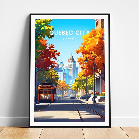 Quebec City Canada Autumn Streetcar Downtown Skyline Travel Poster