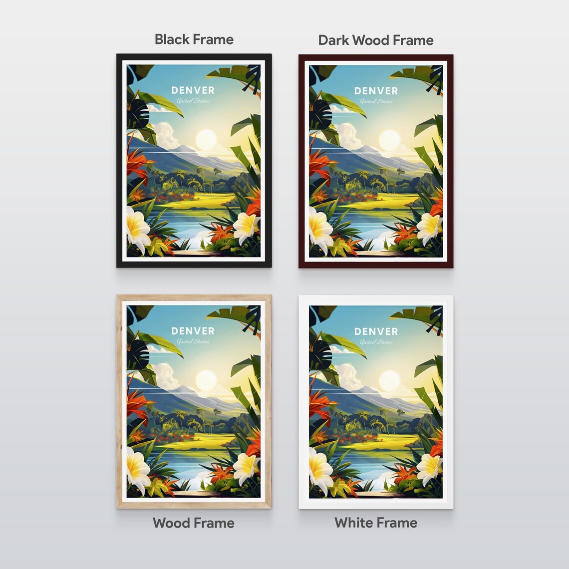 Denver Colorado Tropical Lake Palms Mountain Sunset Travel Poster - Image 2